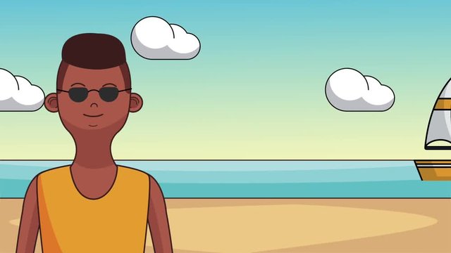 Young man with sunglasses at beach high definition colorful animation scenes