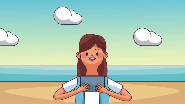 Young woman using smartphone on beachscape high definition colorful animation scenes
