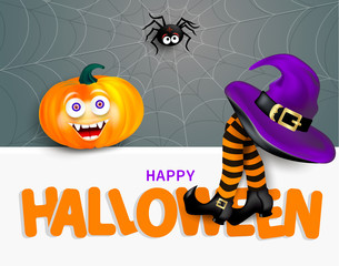 Cute spider on cobweb, orange pumpkin with happy monster face, purple witch hat and legs with striped stockings on white banner with text Happy Halloween on gray background