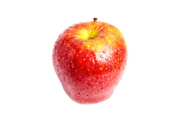 Ripe fresh red apple with water drops , isolated on white background
