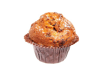 muffin with chips of chocolate and powdered sugar, isolated on white background