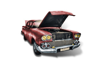 old red american car of the 50s on white background
