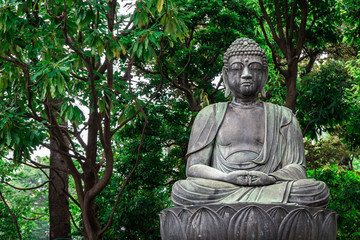 Stone statue of sitting Buddha on a lotus leaf with green trees in the background, Tokyo, Japan