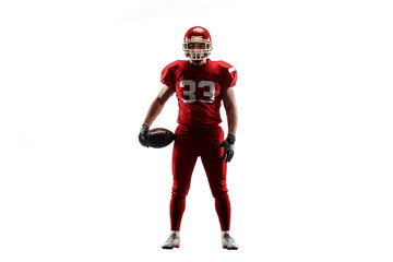 Active one american football player isolated on white background. Fit caucasian man in uniform posing over studio background. Human emotions and facial expressions concept © master1305