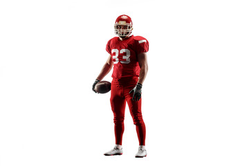 Active one american football player isolated on white background. Fit caucasian man in uniform...