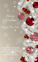 Christmas card with balls and fir branches with space for text. Round Vector Christmas design for greeting card, party invitation, holiday sales.