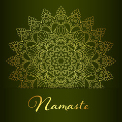 Flyer or brochure template with golden mandala pattern. Yoga classes banner. Hand drawn vector illustration