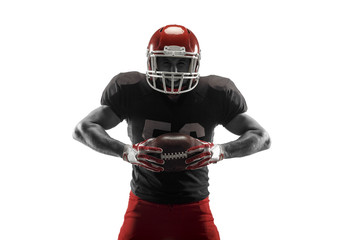 Active one american football player isolated on white background. Fit caucasian man in uniform...