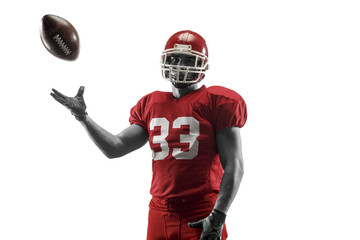 Fototapeta na wymiar Active one american football player isolated on white background. Fit caucasian man in uniform posing over studio background. Human emotions and facial expressions concept