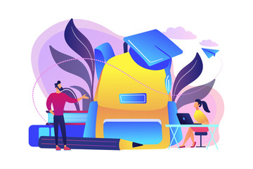 Big backpack, teacher speaking and student with laptop. Back to school, first day of school and new academic year, education and classroom concept, violet palette. Vector isolated illustration.