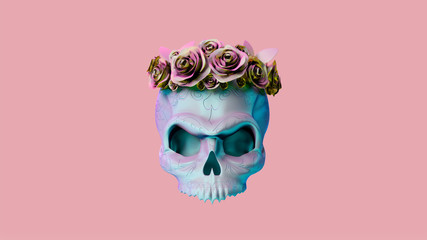 Mexican skull with roses on pink background. Day of the dead Mexican holiday.
