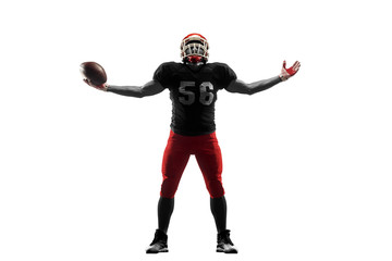 Active one american football player isolated on white background. Fit caucasian man in uniform jumping over studio background in jump or motion. Human emotions and facial expressions concept