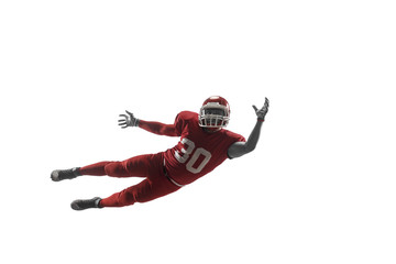 Active one american football player isolated on white background. Fit caucasian man in uniform...