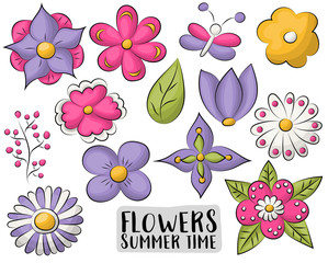 Floral set. Hand drawn flowers in a cartoon style. Vector illustration.