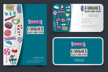 Candy flyer and business cards set. Brochure and banner templates mockup for corporate identity style. Vector illustration.