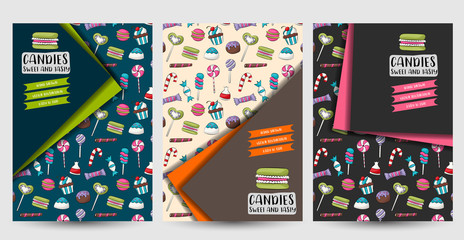 a set of sweets and candies flyer template. Brochure design for a advertisement, cover, magazine. Vector illustration.