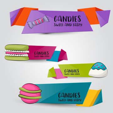 Candies and sweets horizontal banner template set.  Vector illustration.