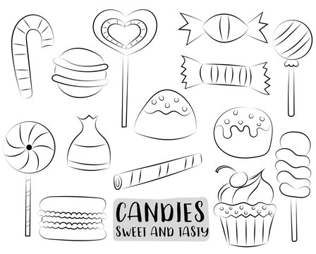 Candies concept icons set. Black and white outline coloring page kids game printput. Vector illustration.