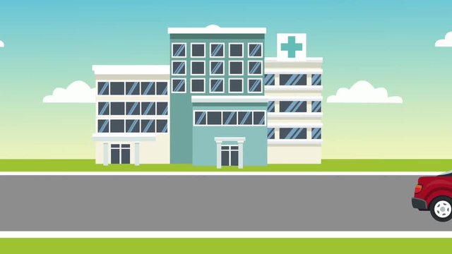 Hospital building and car passing by cartoons high definition coloful animation scenes