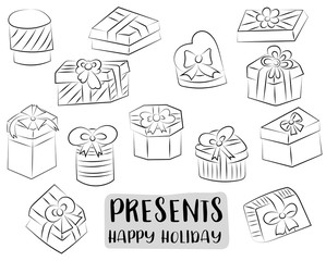 Gift boxes concept icons set. Presents for holidays, christmas, birthday, anniversary. Black and white outline coloring page kids game. Vector illustration.