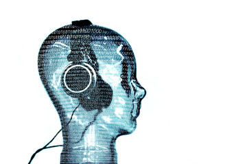 streaming musique écoute écouter casque audio profil tête numérique bianire code avenir intelligence artificielle © shocky