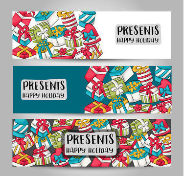 Set of banners with presents. Holiday concept. Advertisement design template.  Horizontal orientation. Vector illustration.