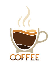 Morning cup of coffee for waking up. Logo or emblem. Layers of coffee in a cup and steam on top