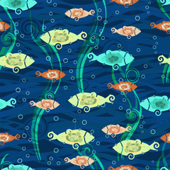 Seamless texture with stylized fishes. Textiles with cartoon fishes. Pattern for children.