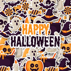 Happy Halloween Background with  pumpkins, ghosts, candy, witch broom, bats, cobwebs, skulls, bones, headstones, witch hats. Flat icon. Vector Illustration