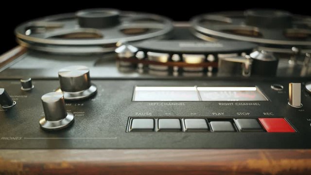 Buttons of retro reel-to-reel magnetic tape recorder.  Vintage audio recorder.