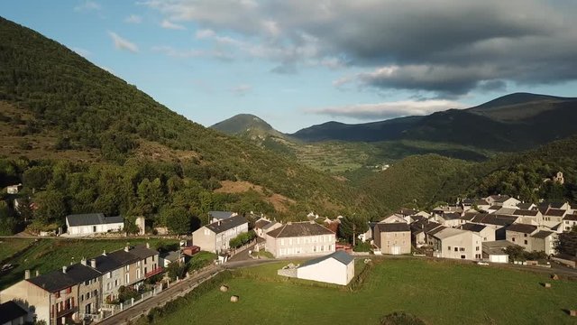 aerial view of french mountain village in Pyrenees, Aude in southern of France
