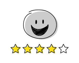 Rating icon - four stars. Gray coloured happy stickman. Vector.