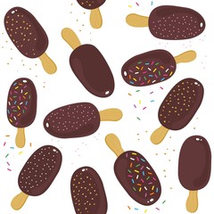 rozrzucone lody na patyku w polewie z ciemnej i białej czekolady z kolorową posypką i orzechami lato smaczny nieskończony powtarzalny deseń na białym tle