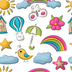 Summer season seamless pattern. Cute cartoon repeating colorful background. vector illustration.