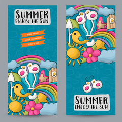 Summer season vertical banner set on isolated background. Header design for sale, offer, discount, coupon.  Line art vector illustration.