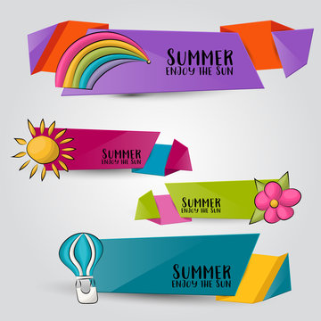 Summer season horizontal banner set on isolated background. Header label design for sale, offer, discount, coupon.  Line art vector illustration.