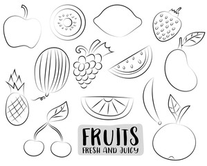 A set of cute fruits. Icons and stickers. Black and white outlined artwork lineart. Coloring page kids game. Vector illustration.