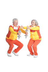 Portrait of active smiling senior couple doing exercise