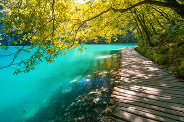 Boardwalk over lake in Plitvice national park, Croatia