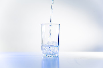 Glass of pure water on a white kitchen table