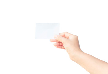 Fototapeta premium Woman hand holding blank paper isolated on white background