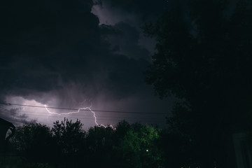 Night summer thunderstorm in the countryside. Night landscape