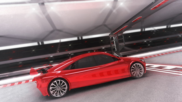 red sport car rides through finish side view, racing sport car rendering 3D illustration