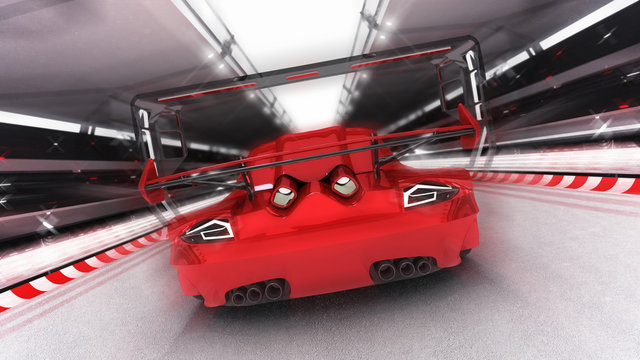 red sport car rides on race circuit, racing sport car rendering 3D illustration