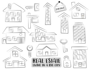Real estate business set of icons and objects. Hand drawn cartoon style design concept. Black and white outline coloring page kids game. Monochrome line art. Vector illustration.