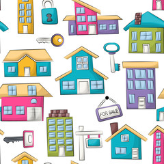 Real estate business seamless pattern. Colorful girly and childish decor repeat background. Hand drawn cartoon style design concept. Vector illustration.