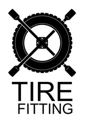 Obraz premium Logo for tire fitting, car service or tire shop. Black simple emblem of the tire and the spanner