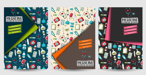 Medicine and healthcare flyer or posters set. Background for advertisement, menu, brochure template. Hand drawn cartoon style medical clinic design concept. Vector illustration.