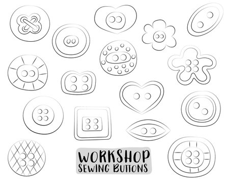 Sewing buttons set of icons and objects. Hand drawn doodle cartoon style craft workshop design concept. Black and white outline coloring page kids game. Monochrome doodle line art.