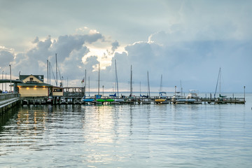 Building on Pier at Sunset in Fairhope, Alabama